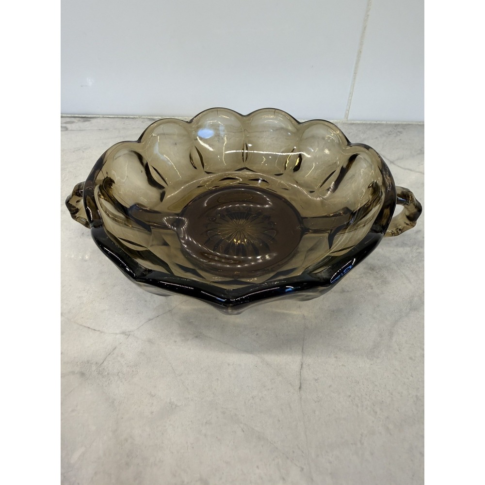 Vintage Anchor Hocking Fairfield Smoke Brown Glass Two Handled Nappy Candy Dish